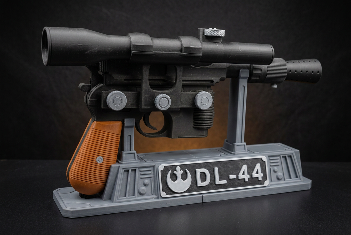 Black 3D-printed DL-44 blaster prop, side view