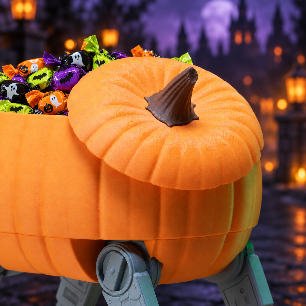 Pumpkin lid close-up with wrapped Halloween sweets