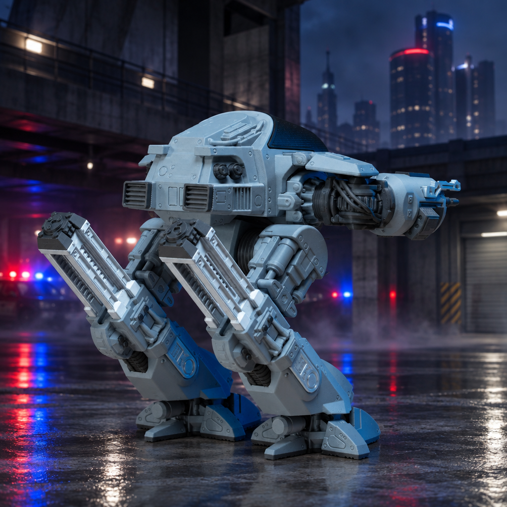 ED-209 model kit in a crouched firing stance with chin cannon extended, city skyline and police lights reflected on wet ground