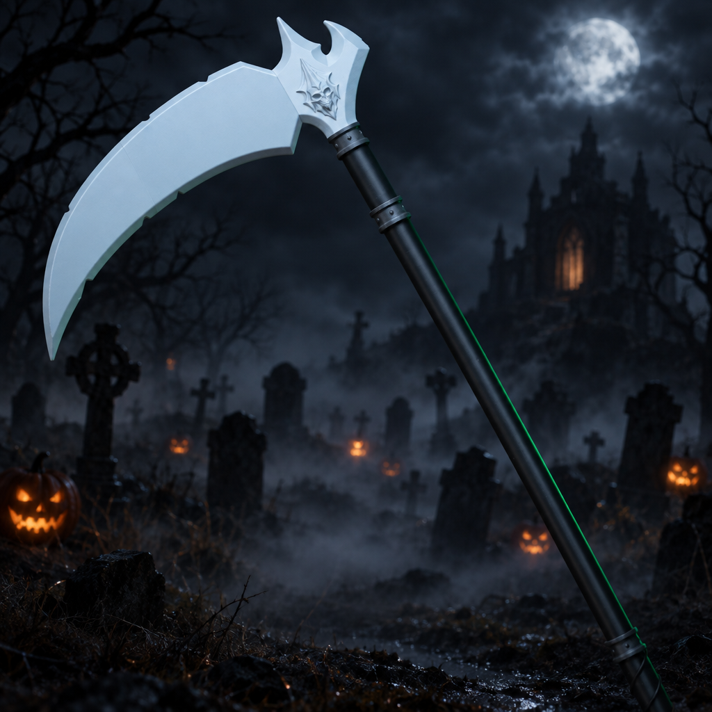 Scythe photo with Halloween graveyard background preview