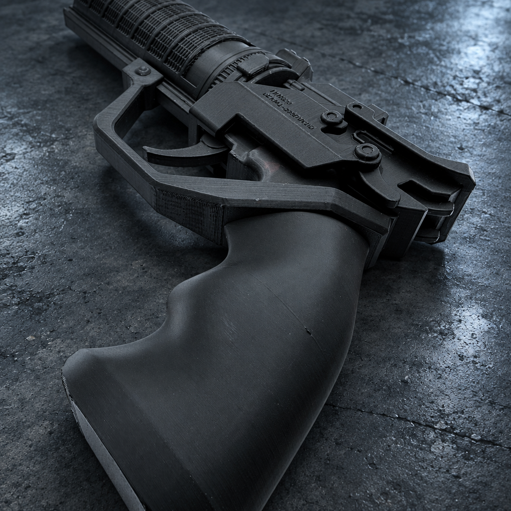 Close-up of the K's Blaster prop kit's pistol grip and trigger guard detail