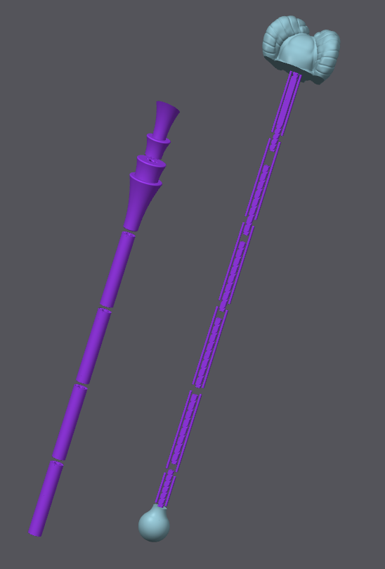 Skeletor Havoc Staff 3D printed prop kit, full-length digital render showing ram skull head and segmented shaft