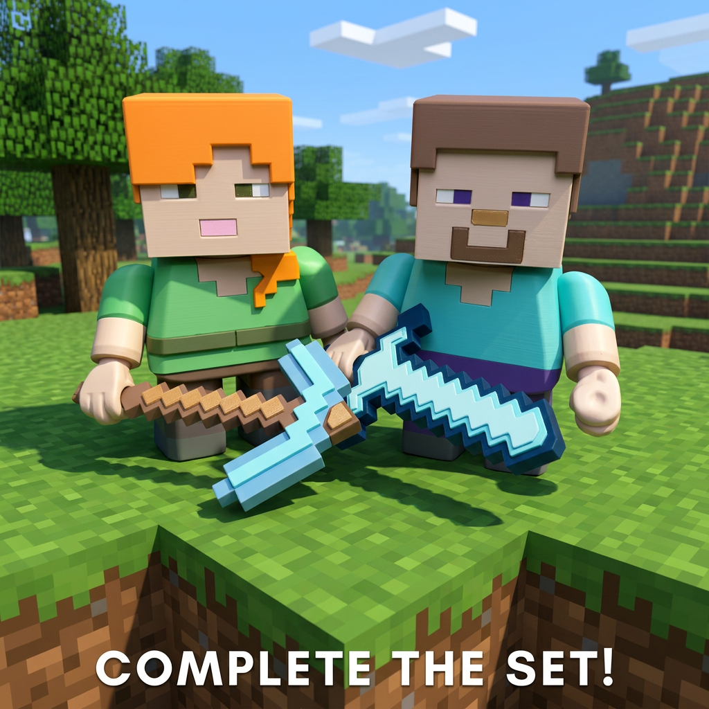Steve and Alex with Minecraft-style background