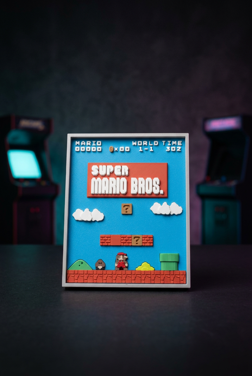 Super Mario Bros frame with retro arcade backdrop