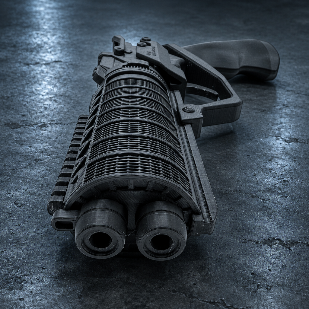 K's Blaster muzzle-end view showing the twin barrel openings and pistol grip