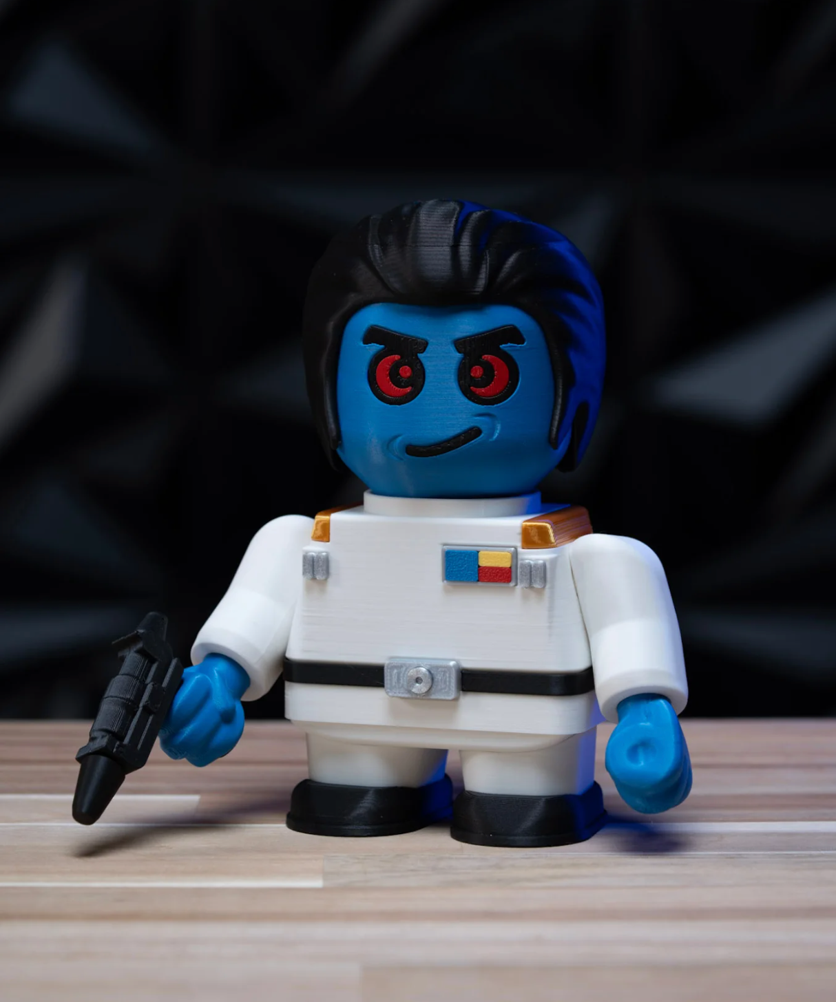 Chunky Admiral Thrawn 3D printed model kit, front view with blaster