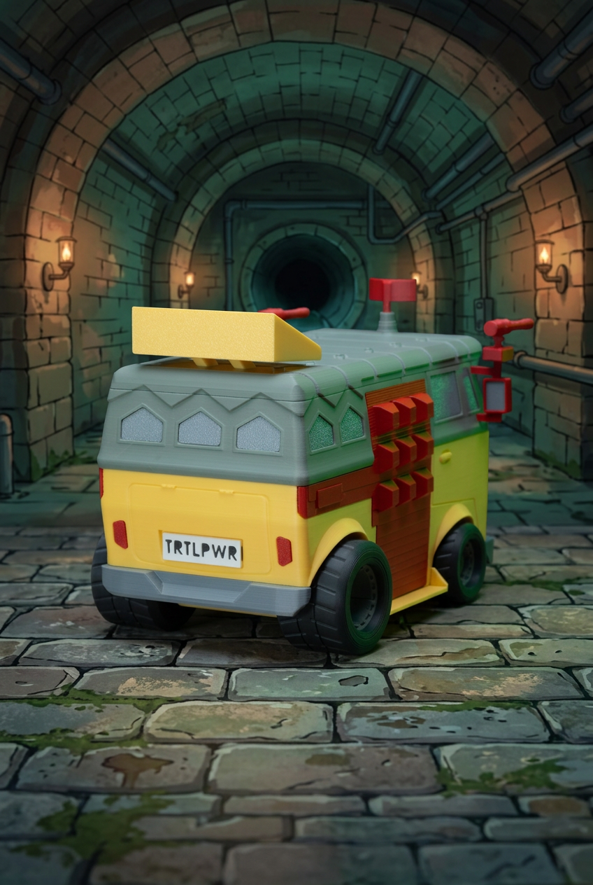 TMNT Party Wagon rear with sewer-lair backdrop