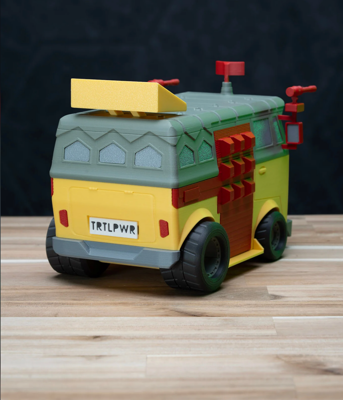 TMNT-inspired Party Wagon van 3D printed model kit, rear view with TRTLPWR plate